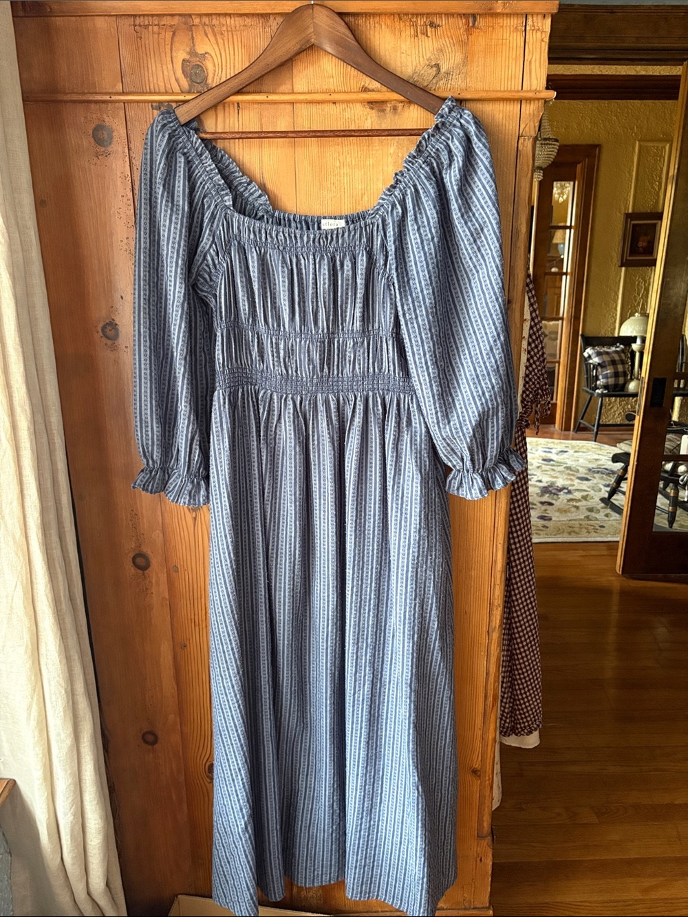Neuflora Square-Neck Long Dress in Blue Stripe